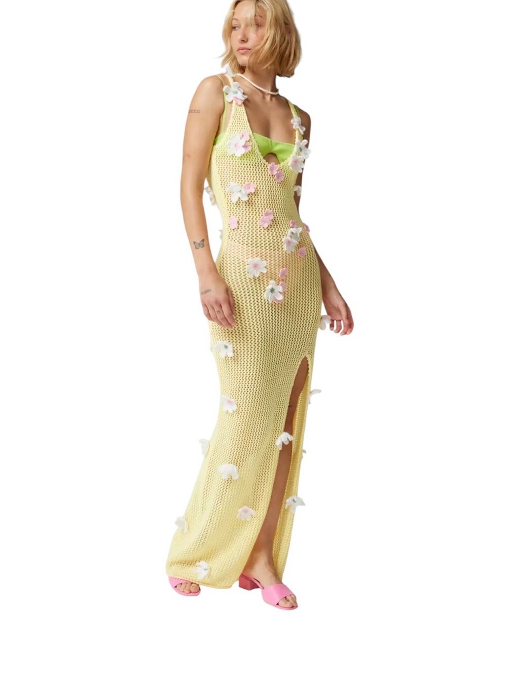 For Love & Lemons- Corie Yellow Crochet Floral Maxi Dress Size L